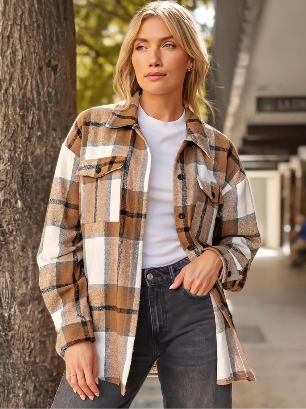 Automet Brown Plaid Shacket Womens M Button Front Overshirt Jacket